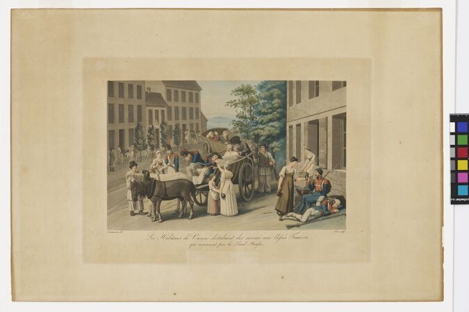 P. Gross & Jakob Gauermann, Les Habitans de Vienne distribuent des secours aux blessés Francais qui reviennent par la Land-Strasse, 1809 – 1823