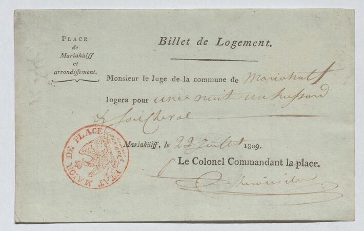 Unbekannt, Einquartierungsschein für französische Besatzungssoldaten nach Mariahilf, ausgestellt am 22. Juli 1809