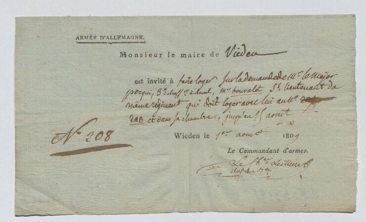 Unbekannt, Einquartierungsschein für französische Besatzungssoldaten in die Vorstadt Wieden, ausgestellt am 1. August 1809