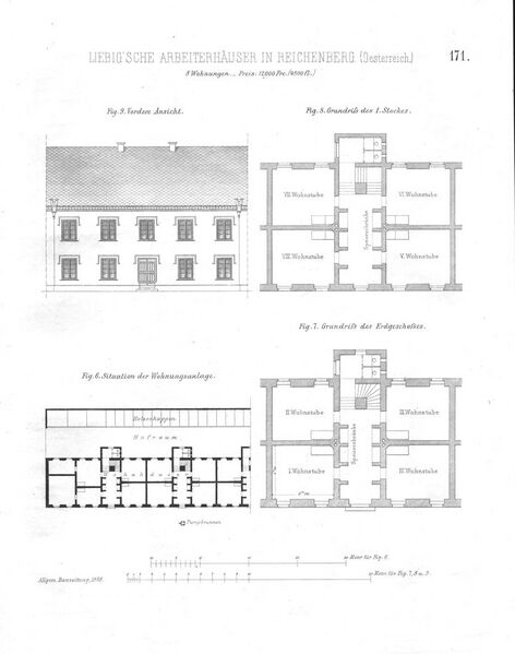 Datei:01 Liebig'sche Arbeiterwohnhäuser in Reichenberg, Weltausstellung 1867, Allg. Bauzeitung 1868, S. 171.jpeg